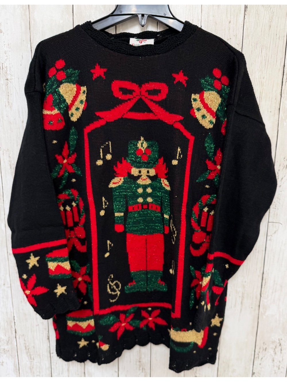 Vintage Nutcracker Medium Black Christmas Sweater Nutcracker and Bells Design